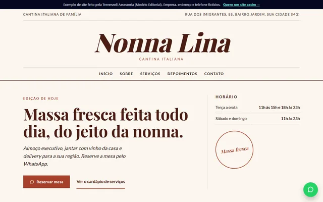 Página inicial do exemplo Cantina Nonna Lina