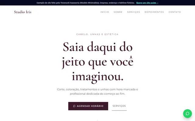 Página inicial do exemplo Studio Íris Beleza