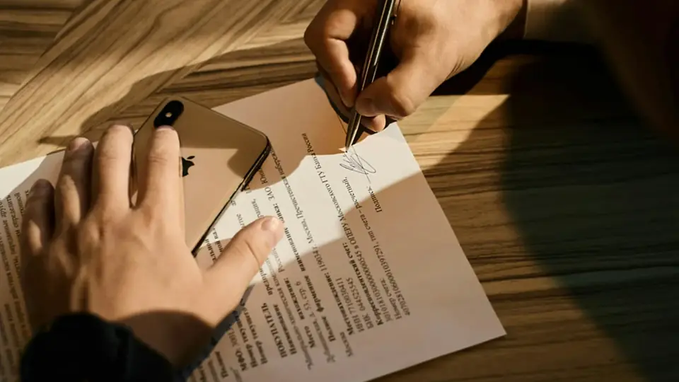 Mão assinando um contrato sobre a mesa de madeira