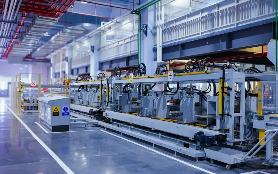 Linha de máquinas industriais num galpão claro