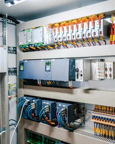Painel elétrico industrial aberto, com fiação e módulos