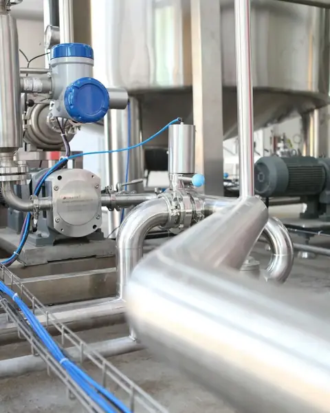 Tubulações e válvulas de aço inoxidável numa instalação industrial