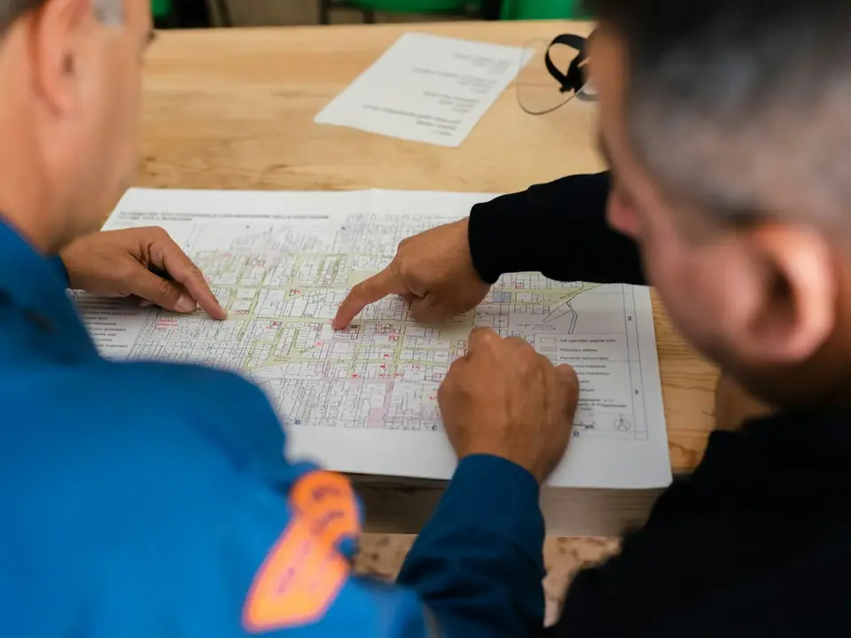 Duas pessoas de uniforme analisando uma planta impressa