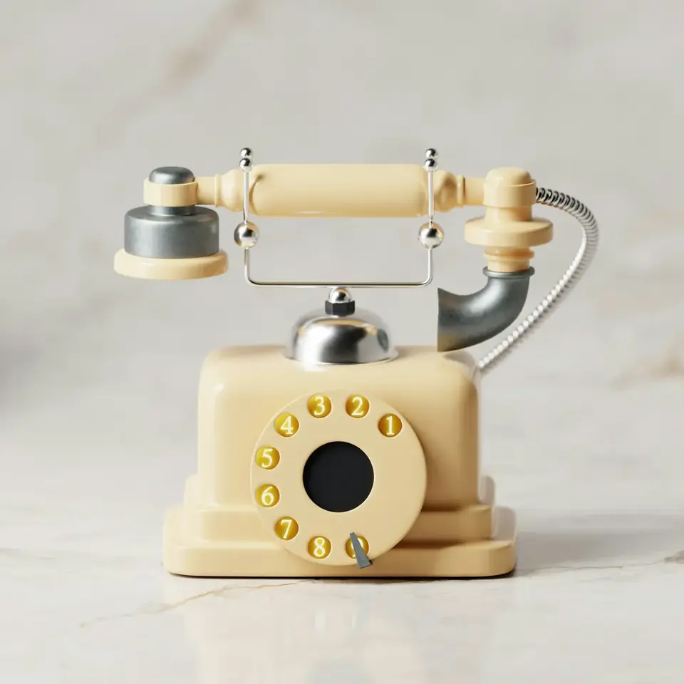 Telefone de brinquedo antigo, cor creme, sobre a mesa