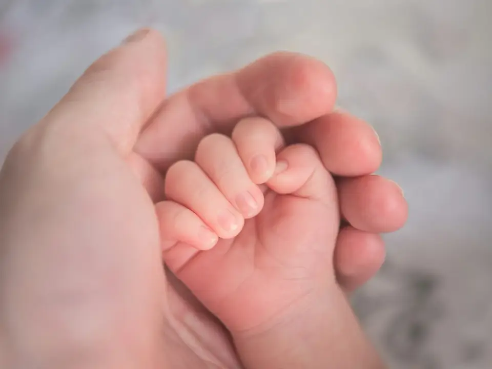 Mão de bebê segurando o dedo de um adulto